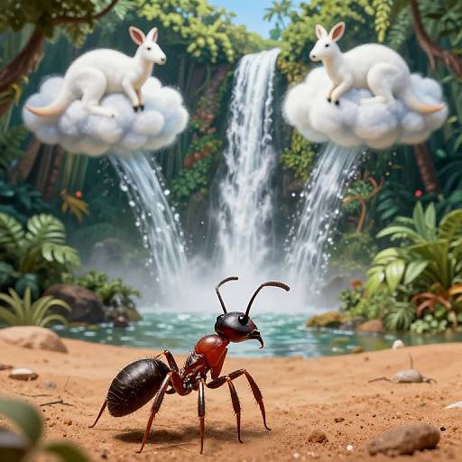 Digital illustration of an ant in a vibrant jungle, with two white rabbits floating on clouds above a cascading waterfall.