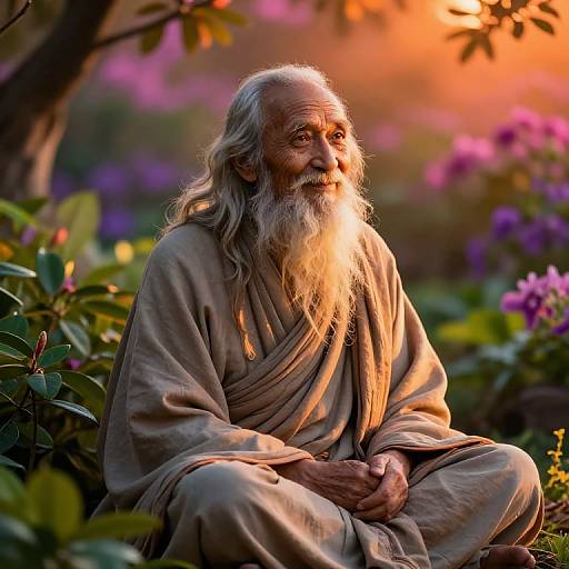 Photograph of an elderly, wise-looking man with a long white beard, dressed in a beige robe, sitting in a vibrant, sunlit garden with