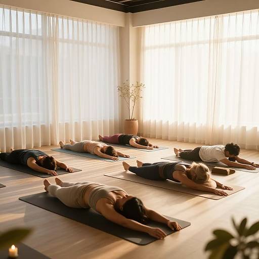 Photograph of six people in a sunlit yoga room, lying on dark mats in a forward stretch, wearing casual clothes, with white curtains and wooden