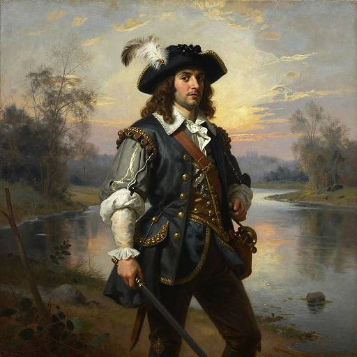 Baroque painting of a young, long-haired man in 17th-century naval uniform with feathered hat, standing by a river at sunset.