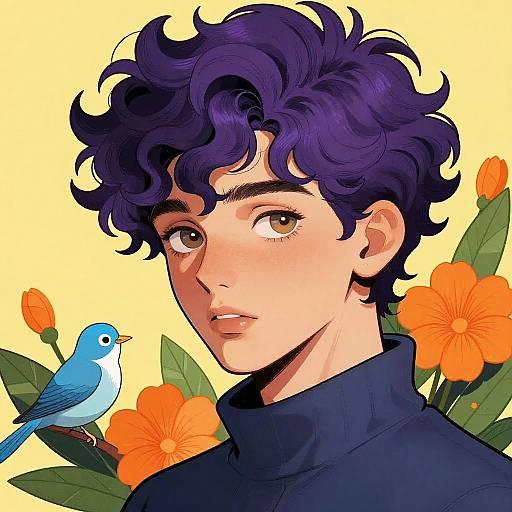 Digital Portrait of Person with Purple Hair and Bird