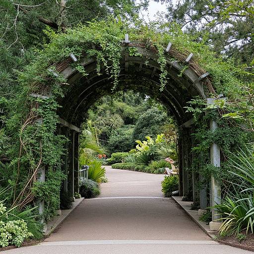 Photograph of a lush, green, arched garden pathway, overgrown with vines and surrounded by various plants and trees, leading to a sunlit