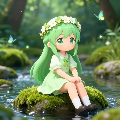 Digital anime-style image of a green-haired girl in a white dress with a flower crown, sitting on a mossy rock in a forest stream, surrounded
