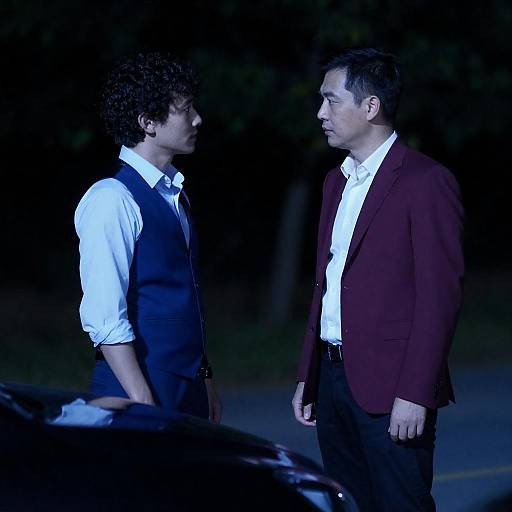 Two Men Talking at Night by Car