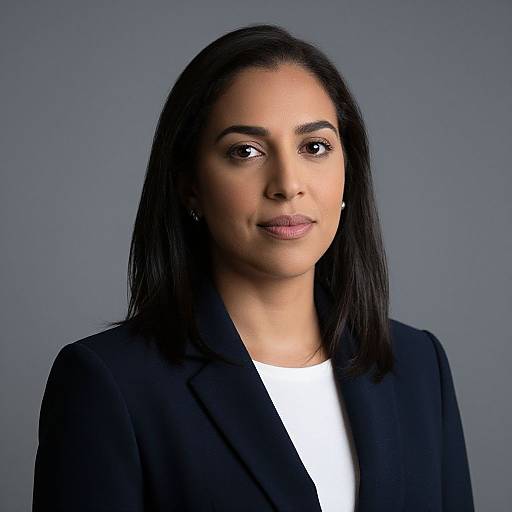 Photograph of a woman with medium brown skin, straight black hair, wearing a black blazer over a white top, against a grey background, smiling