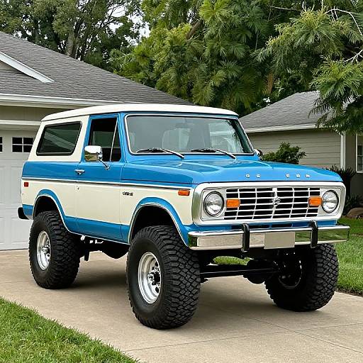 Photograph of a blue and white, lifted, vintage Jeep Cherokee with large black tires parked in a suburban driveway with trees.
