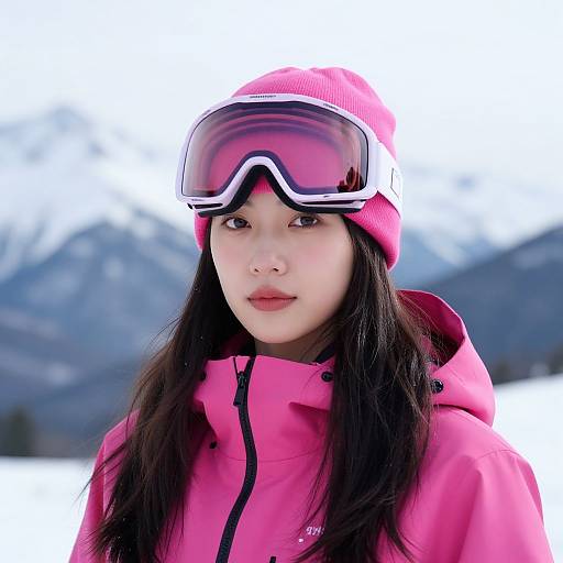 Photograph of an Asian woman with long black hair, wearing a pink beanie, pink ski goggles, and a pink ski jacket, standing in a