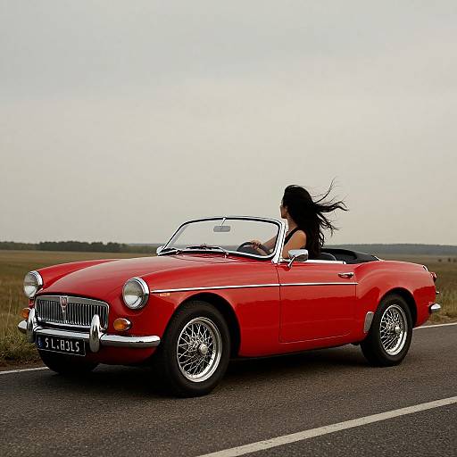 Photograph of a red classic convertible car with a black-haired woman in a sleeveless top, driving on a rural road.