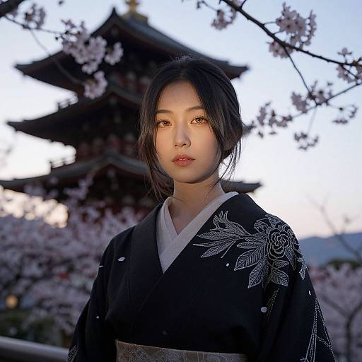 Photograph of an Asian woman with fair skin, black hair, and red lips, wearing a black floral kimono, standing in front of a traditional