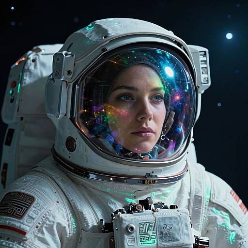 Photorealistic CGI of a woman in a white spacesuit with reflective helmet, showing colorful starlight reflections, against a dark space background.