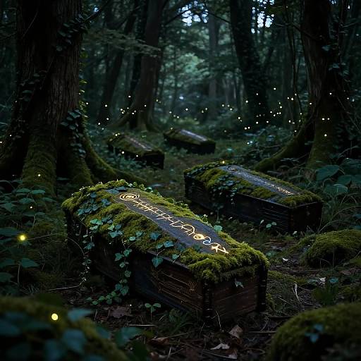Photograph of a mystical forest scene with glowing fireflies, moss-covered wooden tombstones, and illuminated Japanese characters in a dim, enchanted forest.