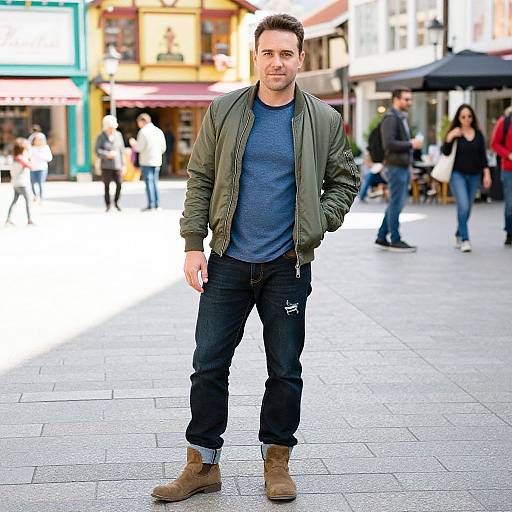 Photograph of a handsome man with short brown hair, wearing a green jacket, blue shirt, black jeans, and brown boots, standing in a busy