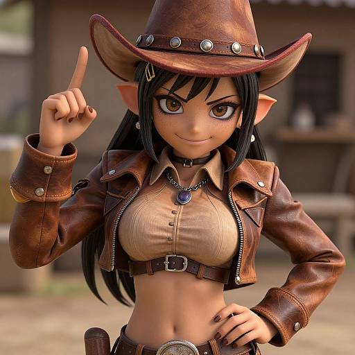 Digital artwork of a confident, brown-eyed, elf-like woman with black hair, wearing a brown leather hat, cropped brown shirt, and jacket, pointing