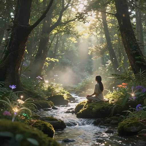 Digital artwork of a serene forest scene: a woman with long brown hair sits meditating on a moss-covered rock by a gently flowing stream, surrounded by