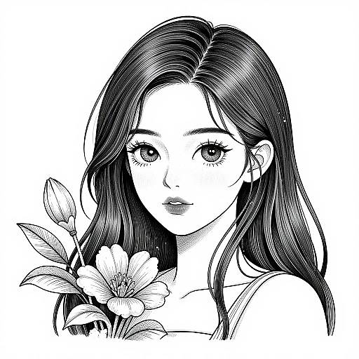 Black-and-white manga-style digital drawing of a beautiful young woman with long, dark hair and large, expressive eyes, holding flowers near her face.