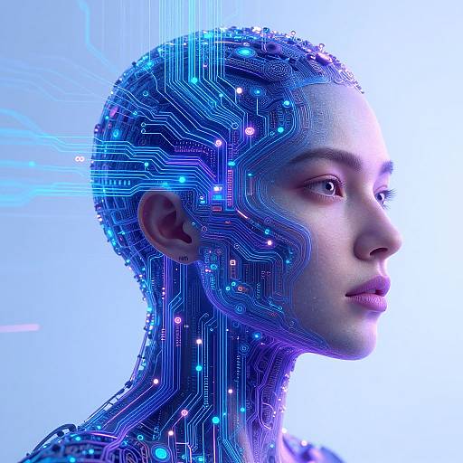 Digital artwork of a futuristic woman with a cybernetic head, glowing blue circuits on her skin, and a serene expression.