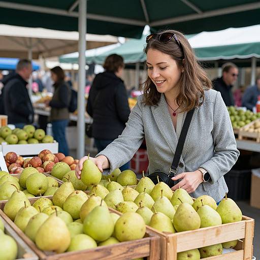 Smiling Woman Choosing Fresh Pears