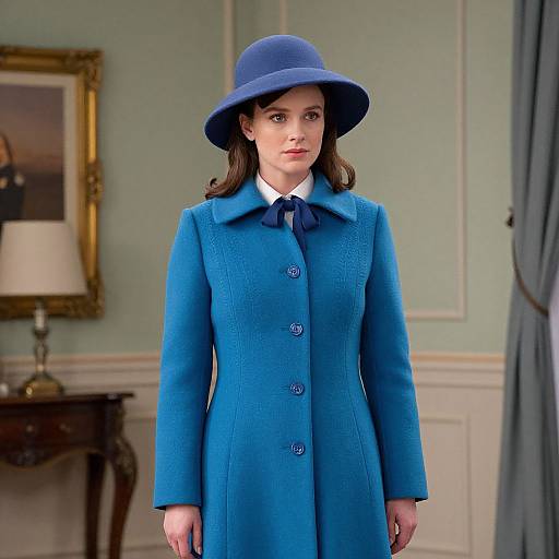 Photograph of a Caucasian woman with fair skin, brown hair, wearing a blue hat and matching coat, standing in a vintage-style room with a framed