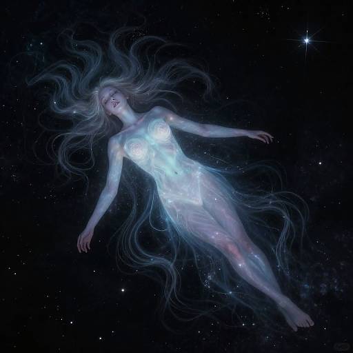 Digital art of a glowing, ethereal woman with flowing silver hair floating in a starry, dark space, wearing a luminous, translucent dress.