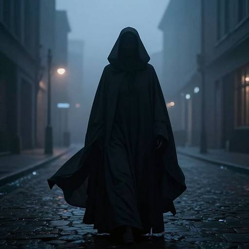 Silhouetted figure in a flowing, dark hooded cloak walks down a foggy, cobblestone street at dusk, illuminated by soft,