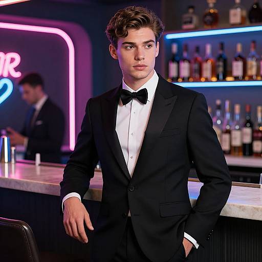 Stylish Young Man in Neon Bar