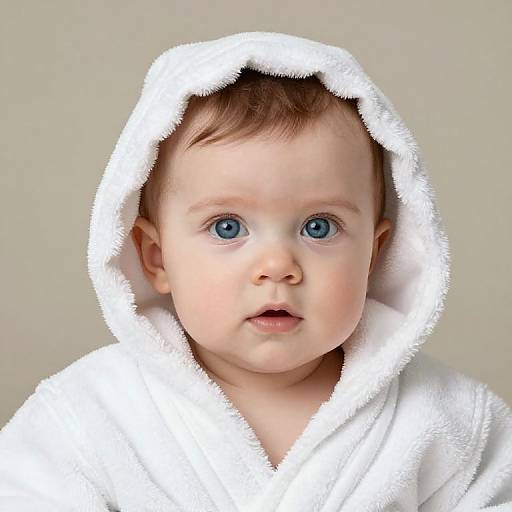 Photograph of a cute, fair-skinned baby with bright blue eyes, wearing a white, fluffy hooded bathrobe, looking directly at the camera