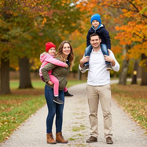 Photograph of a smiling family in autumn park: mother with red hat and jeans carrying daughter in pink, father in white shirt carrying son in blue hat