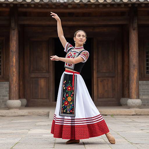 Photograph of a young woman in traditional Eastern European folk dance dress, with colorful embroidery, performing a graceful arm movement in front of a wooden building.