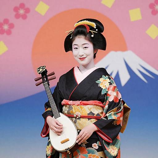 Vibrant Geisha with Shamisen and Fuji