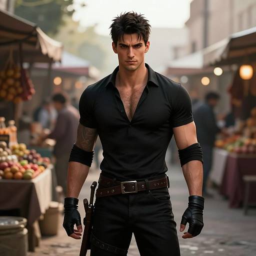 Photograph-style CGI of a muscular, handsome man with dark hair, black shirt, and gloves, standing confidently in a busy, colorful market street.