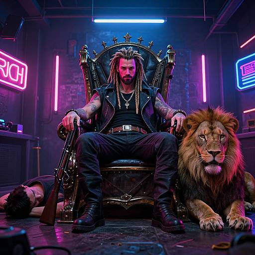 Photograph of a bearded man with long hair, leather vest, and tattoos, sitting on a throne with a lion by his side, under neon