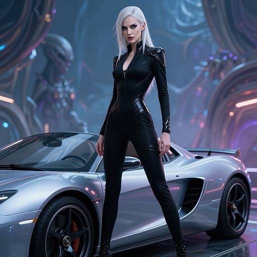Digital artwork of a confident, white-haired woman in a black leather jumpsuit standing beside a sleek, silver sports car in a futuristic, neon-lit