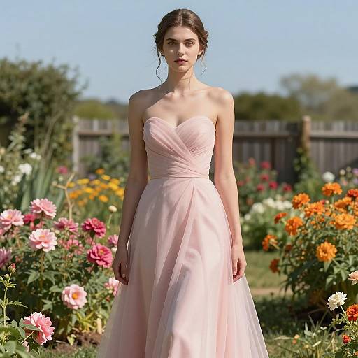 Woman in Strapless Pink Evening Gown in Garden