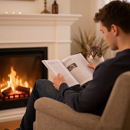 Man Reading by Fireplace with Cat