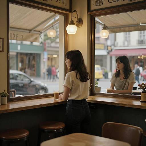 Photograph of a young woman with wavy brown hair, white blouse, and high-waisted black skirt, standing by a café window, reflected