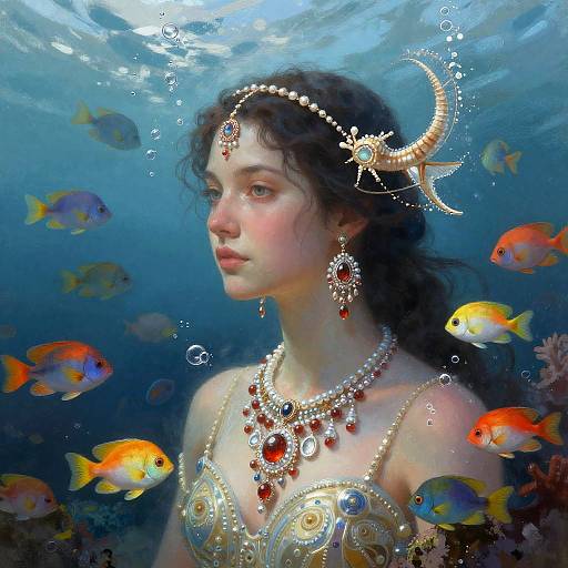 Underwater Female Triton with Intricate Shell Jewelry