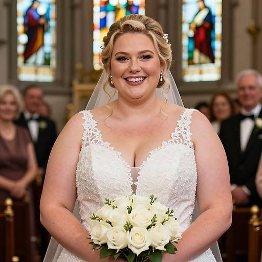 Photograph of a smiling, curvy, blonde bride in a white lace wedding dress holding a bouquet of white roses, standing in front of colorful stained