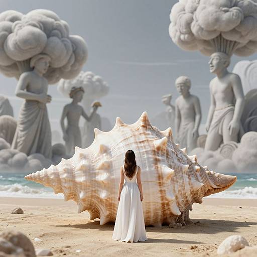 Photograph-style digital art: A woman in a white gown stands before a massive, sunlit conch shell on a sandy beach, surrounded by surreal