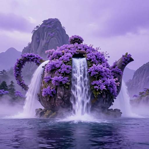 Digital artwork of a purple flower-covered teapot-shaped rock formation with twin waterfalls cascading into a misty lake, set against misty, purple