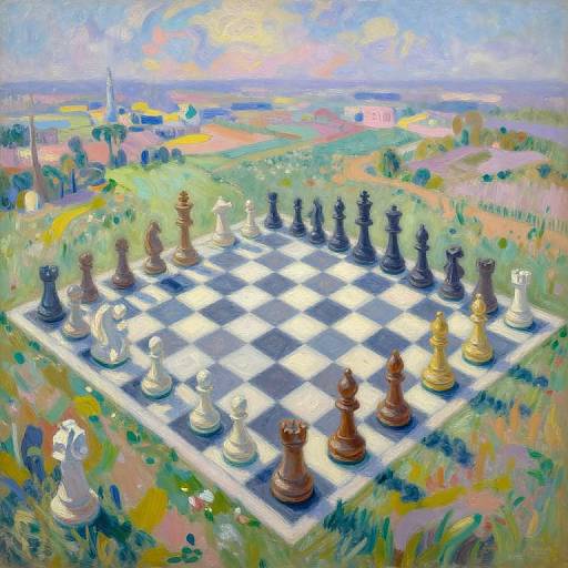 Impressionistic painting of a colorful chessboard on a grassy field, with black and white pieces, and a sunset-lit countryside background.