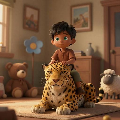 Child on Leopard in Cozy Room