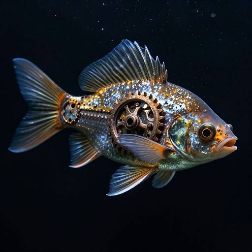 Photograph of a metallic, steampunk-style fish with intricate gears, glowing blue and orange accents, and transparent, ribbed fins against a dark