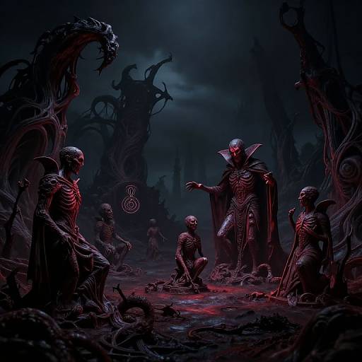 Dark, eerie digital painting of skeletal, red-eyed vampires with glowing red eyes, in a twisted, shadowy forest under a blood-red moon.