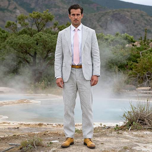 Photograph of a handsome man with dark hair in a white suit, pink shirt, and tan shoes, standing confidently by a misty lake with mountain