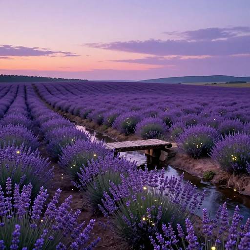 Photograph of a lavender field at sunset, with a wooden bridge crossing a small stream, surrounded by vibrant purple lavender, under a pink and purple sky