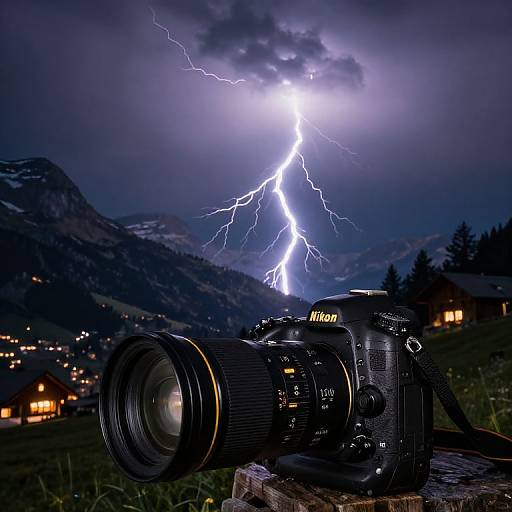 Photograph of a Nikon camera with lightning bolt striking above, set against a dark, stormy mountain night sky with illuminated houses.