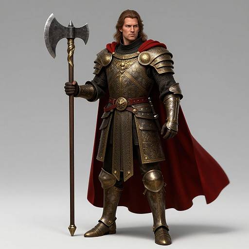 Photograph of a muscular, long-haired man in medieval armor with a red cape, holding a large double-headed axe.