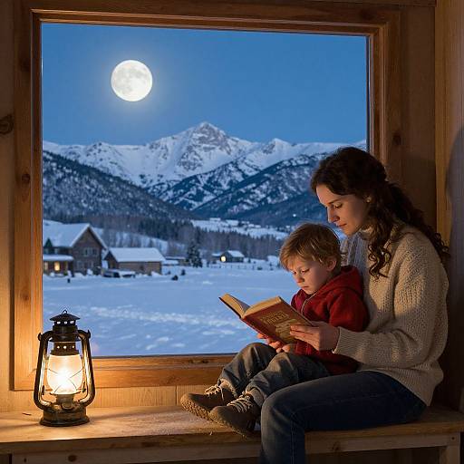Photograph of a woman with curly brown hair and a child reading a book by a window, illuminated by a lantern, with a snowy mountain village and