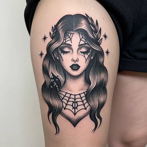 Black and gray tattoo of a serene, long-haired woman with spiderweb forehead, star accents, and spiderweb necklace on thigh.