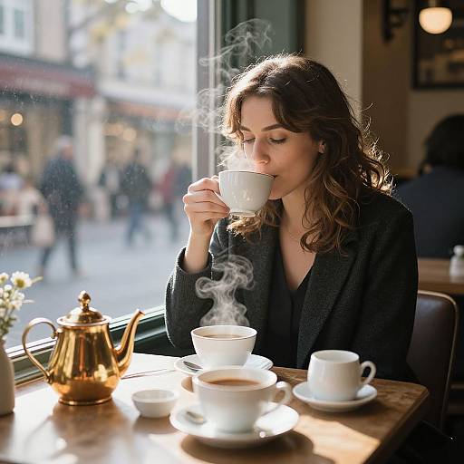 Photograph of a woman with wavy brown hair, sipping from a steaming white cup in a sunlit café, wearing a black blazer